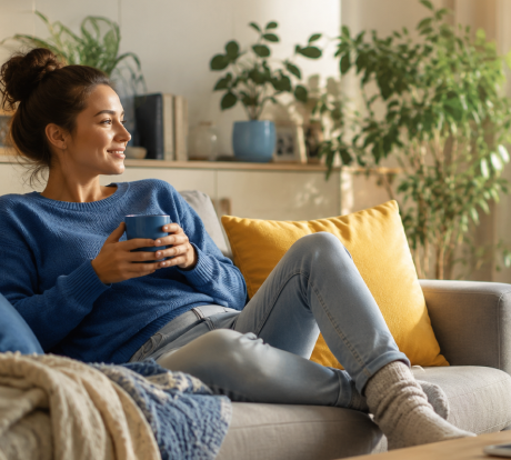 Mujer relajada en casa disfrutando de la estabilidad de su tarifa fija de luz con Factorenergia, sin preocuparse por los horarios ni cambios de precio.