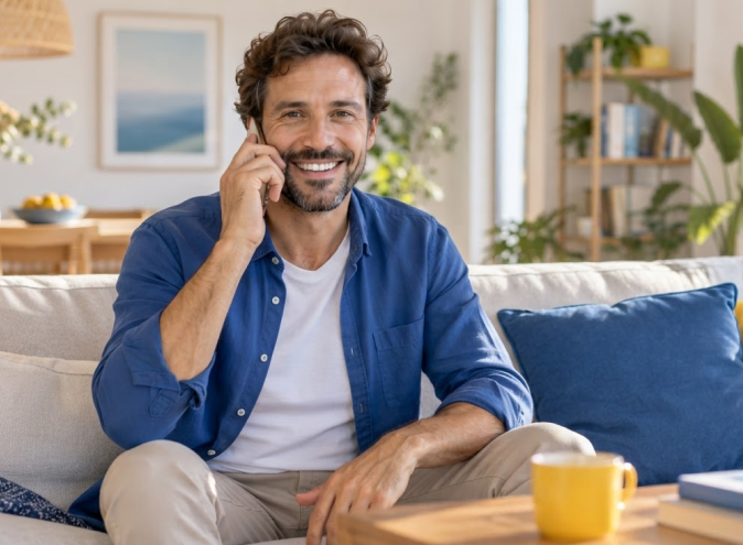 Hombre comparando tarifas de luz online 100 % verde de Factorenergia para calcular su ahorro y elegir entre tarifa fija o variable sin permanencia.