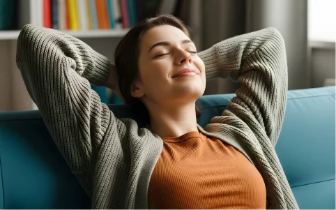 Mujer relajada en casa disfrutando de la estabilidad de su tarifa fija de luz con Factorenergia, sin preocuparse por los horarios ni cambios de precio.