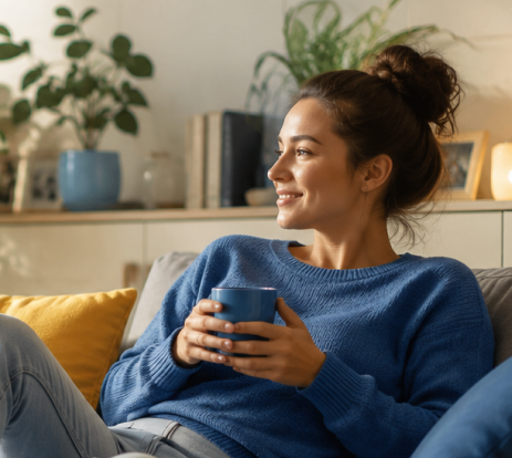 Mujer relajada en casa disfrutando de la estabilidad de su tarifa fija de luz con Factorenergia, sin preocuparse por los horarios ni cambios de precio.