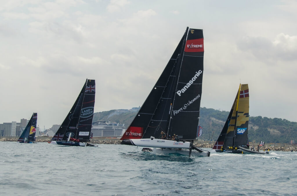 The Extreme Sailing Series 2017. Act4. Barcelona, Spain. Pictures of FNOB Impulse Sailing Team skippered by Jordi Xammer with team mates Joan Cardona, Luis Bugallo, Kevin Cabrera and Florian Trittel racing close to the city of Barcelona on day 2 of racing.