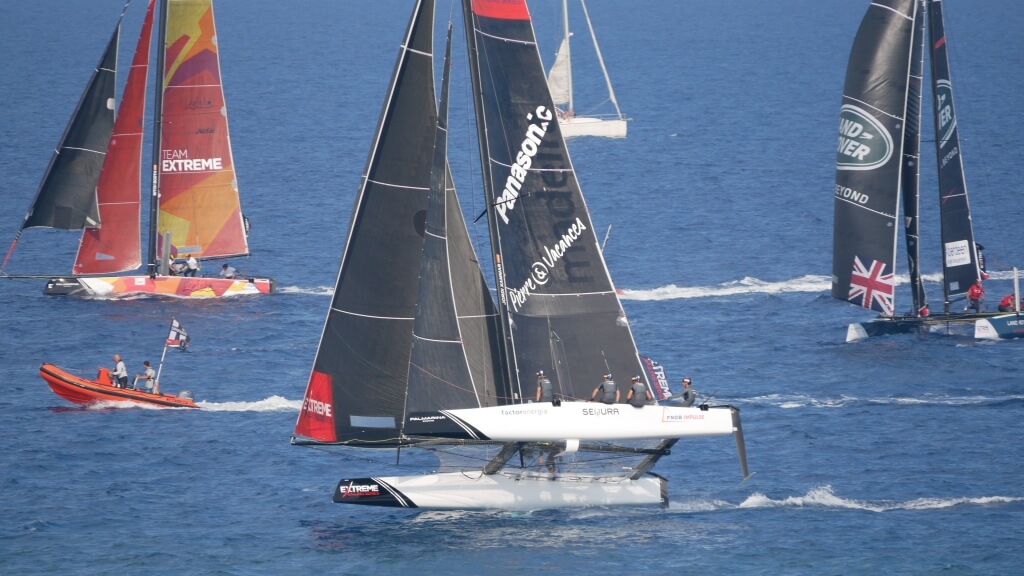 The Extreme Sailing Series 2017. Act4. Barcelona, Spain. Pictures of FNOB Impulse Sailing Team skippered by Jordi Xammer with team mates Joan Cardona, Luis Bugallo, Kevin Cabrera and Florian Trittel racing close to the city of Barcelona on day 2 of racing.