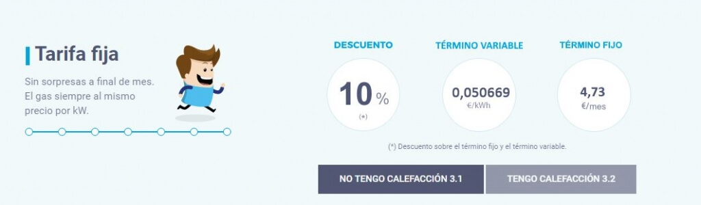 Ejemplo de visualización de tarifas de gas de Factorenergia tarifa fija de gas