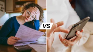 Comparativa entre una mujer preocupada revisando su factura en papel frente a la gestión rápida de la factura digital en el móvil.